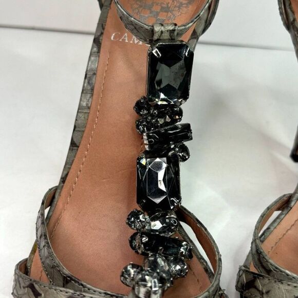 Vince Camuto Leather Snakeskin Open Toe Pumps Heels Buckle Grey Jeweled Womens - Picture 5 of 12